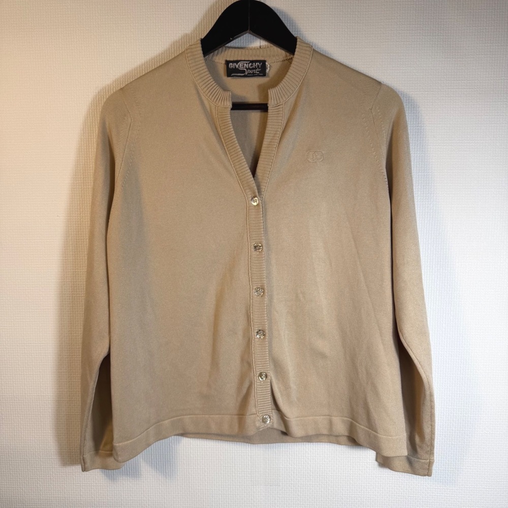 Vintage Givenchy Sport Beige Knit Cardigan Button Front Logo Tan Size 40